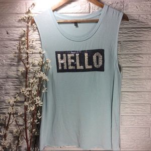 EXPRESS Sleeveless Tee with Sequins Message